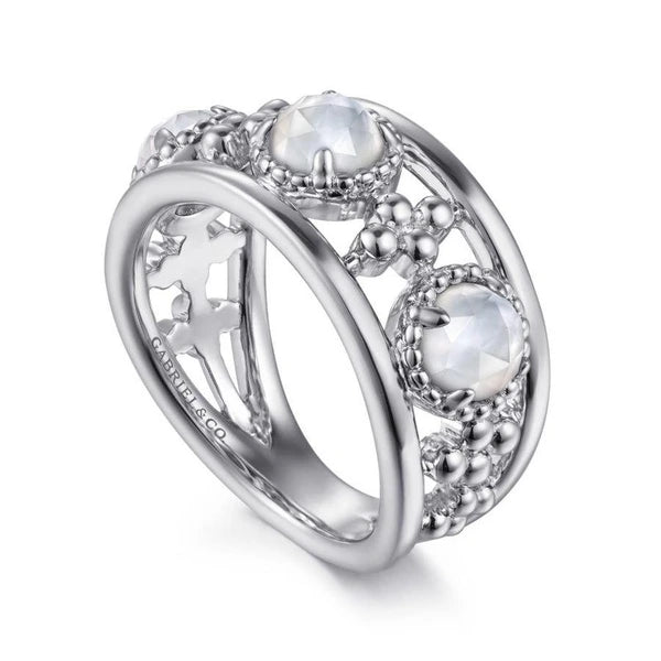 925 Sterling Silver Rock Crystal and White MOP Station Ring