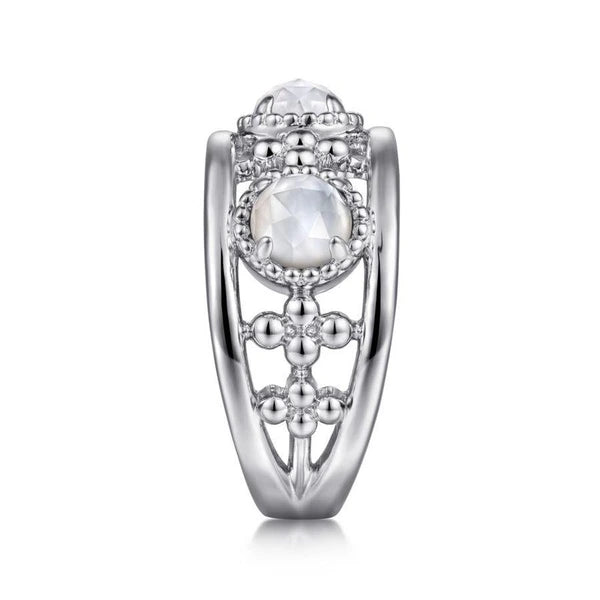 925 Sterling Silver Rock Crystal and White MOP Station Ring