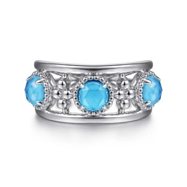 925 Sterling Silver Rock Crystal and Turquoise Station Ring