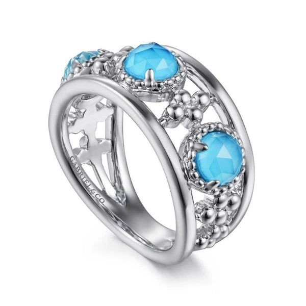 925 Sterling Silver Rock Crystal and Turquoise Station Ring
