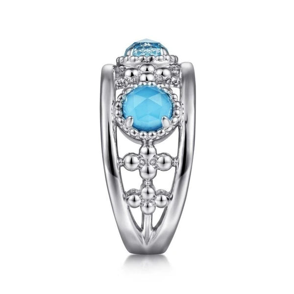 925 Sterling Silver Rock Crystal and Turquoise Station Ring