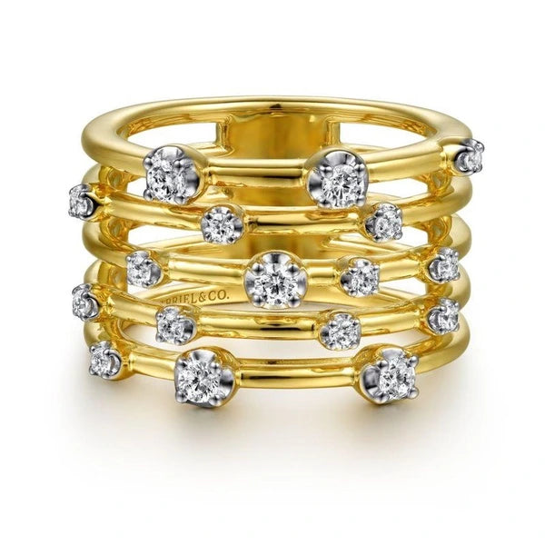 14K Yellow Gold Multi Row Diamond Wide Band