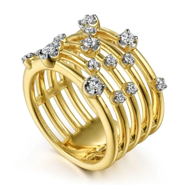 14K Yellow Gold Multi Row Diamond Wide Band