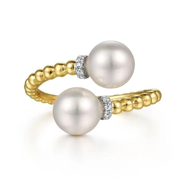 14K White-Yellow Gold Diamond and Pearl Bujukan Bypass Ring