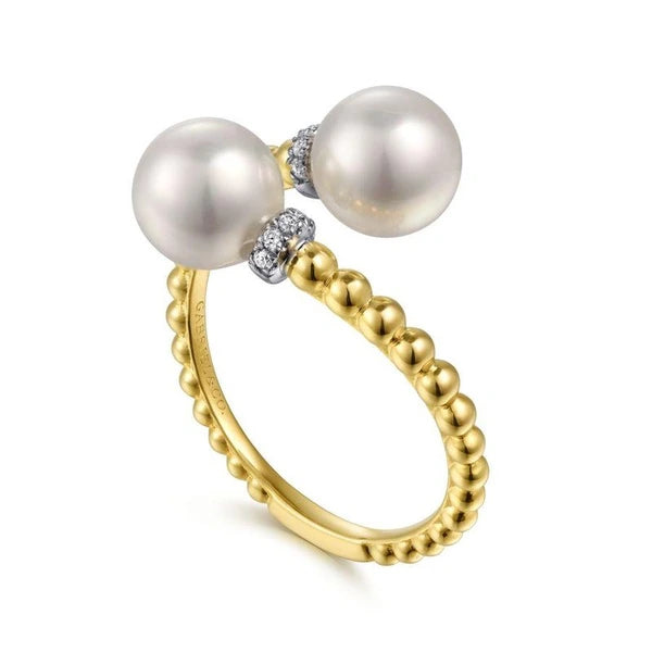 14K White-Yellow Gold Diamond and Pearl Bujukan Bypass Ring