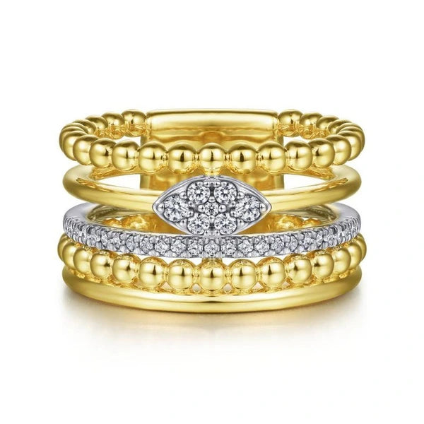 14K White-Yellow Gold Bujukan And Diamond Wide Band