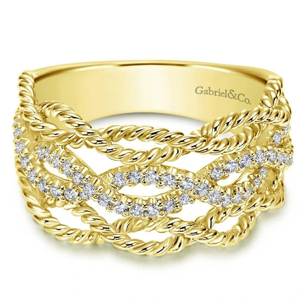 14K Yellow Gold Twisted Textured Wide Band Pave Diamond Ring
