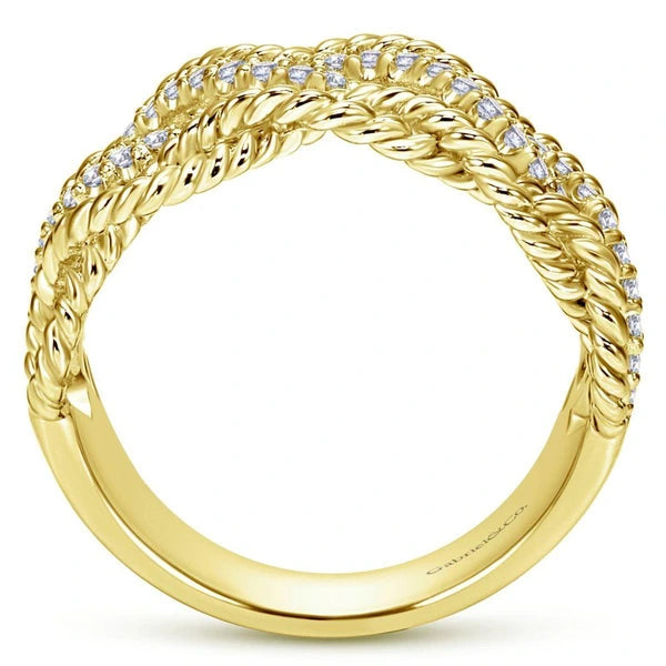 14K Yellow Gold Twisted Textured Wide Band Pave Diamond Ring
