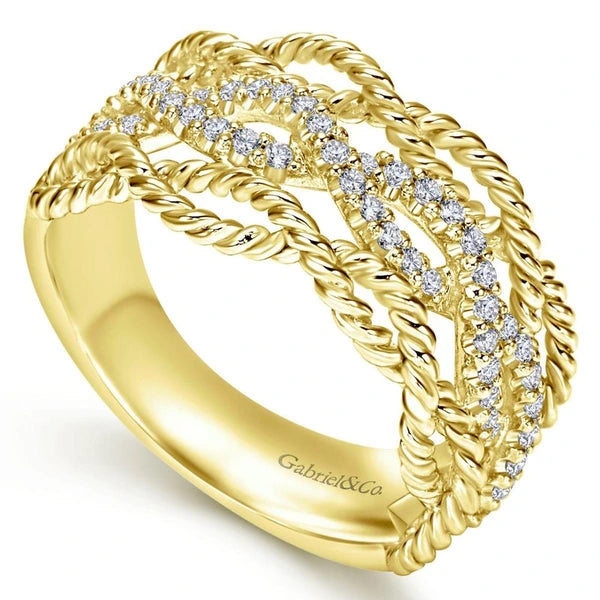 14K Yellow Gold Twisted Textured Wide Band Pave Diamond Ring