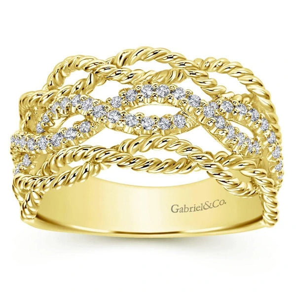 14K Yellow Gold Twisted Textured Wide Band Pave Diamond Ring