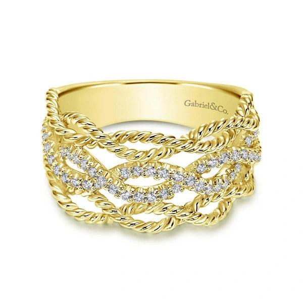 14K Yellow Gold Twisted Textured Wide Band Pave Diamond Ring