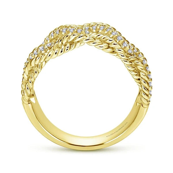 14K Yellow Gold Twisted Textured Wide Band Pave Diamond Ring