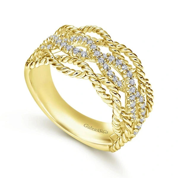 14K Yellow Gold Twisted Textured Wide Band Pave Diamond Ring