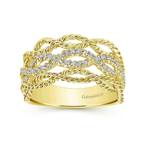 14K Yellow Gold Twisted Textured Wide Band Pave Diamond Ring