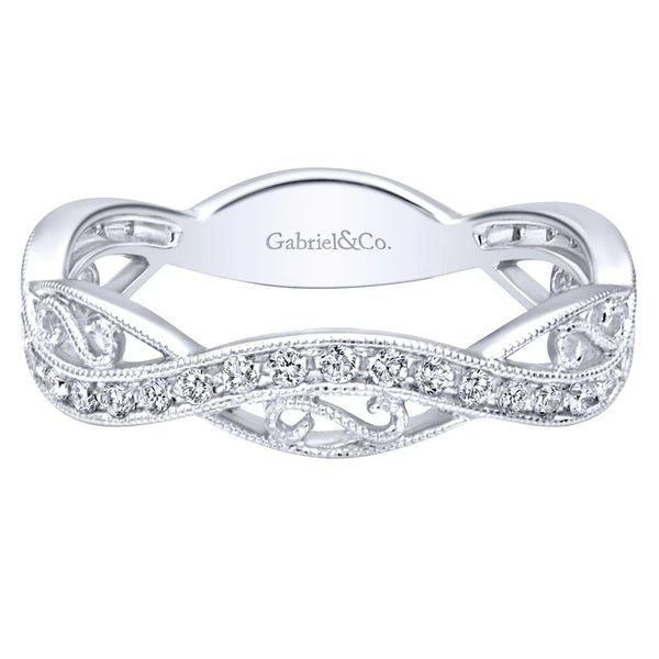 14K White Gold Twisted Filigree Diamond Stackable Ring