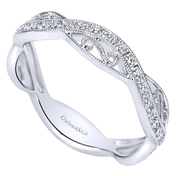 14K White Gold Twisted Filigree Diamond Stackable Ring