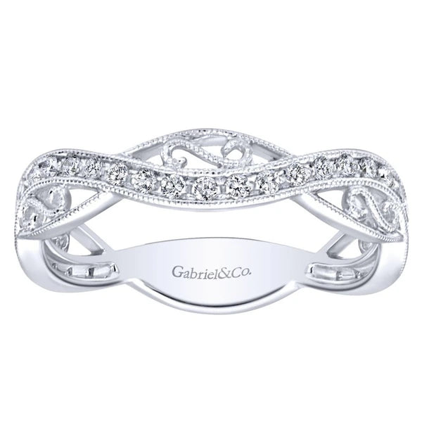 14K White Gold Twisted Filigree Diamond Stackable Ring