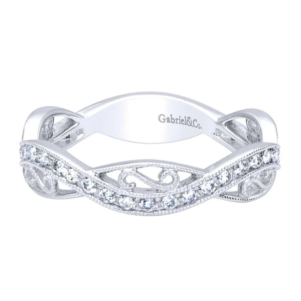 14K White Gold Twisted Filigree Diamond Stackable Ring