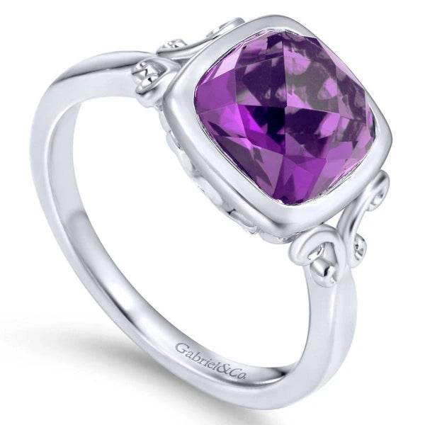 925 Sterling Silver Cushion Cut Amethyst Ring
