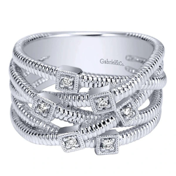 925 Sterling Silver Wide Band Overlapping Diamond Station Ring