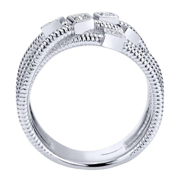 925 Sterling Silver Wide Band Overlapping Diamond Station Ring