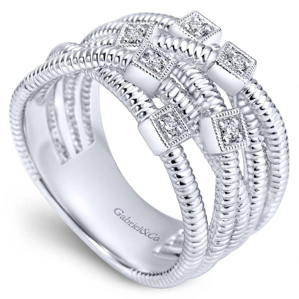 925 Sterling Silver Wide Band Overlapping Diamond Station Ring