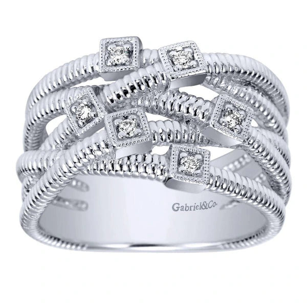 925 Sterling Silver Wide Band Overlapping Diamond Station Ring