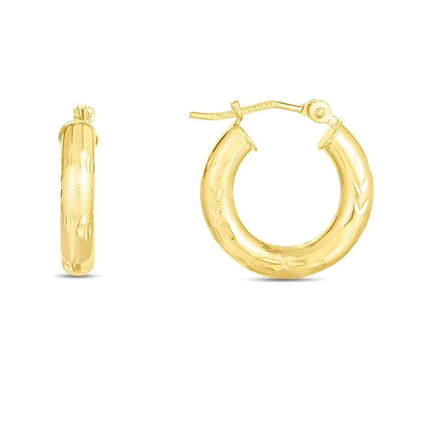 14K Yellow Gold 3mm Diamond Cut &amp; Polished Design Hoop Earring