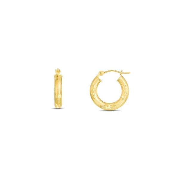 14K Yellow Gold 3mm Diamond Cut &amp; Polished Design Hoop Earring