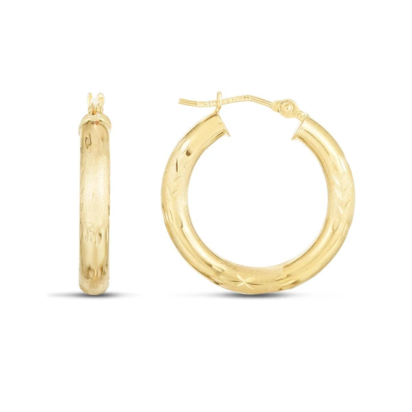 14K Yellow Gold 3mm Diamond Cut &amp; Polished Design Hoop Earring