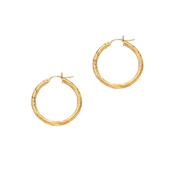14K Yellow Gold 3mm Diamond Cut &amp; Polished Design Hoop Earring