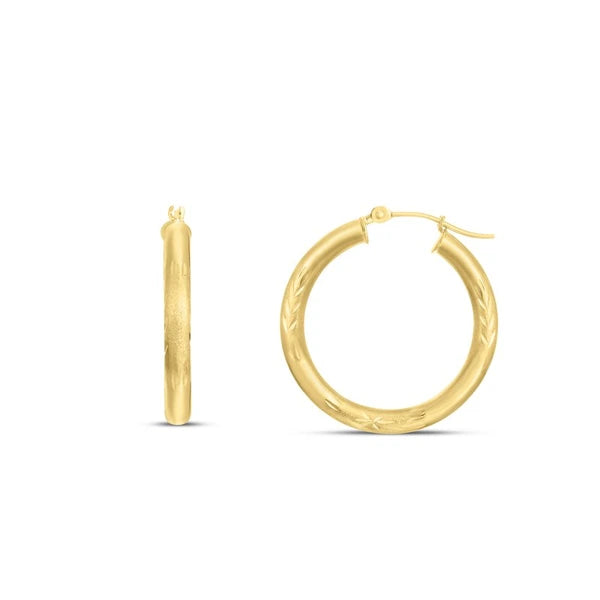 14K Yellow Gold 3mm Diamond Cut &amp; Polished Design Hoop Earring