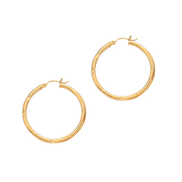 14K Yellow Gold 3mm Diamond Cut &amp; Polished Design Hoop Earring