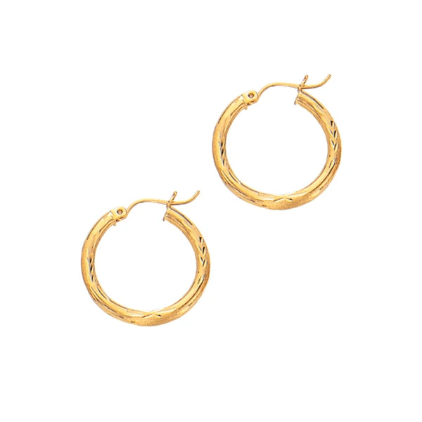 14K Yellow Gold Diamond Cut &amp; Polished Design Hoop Earring