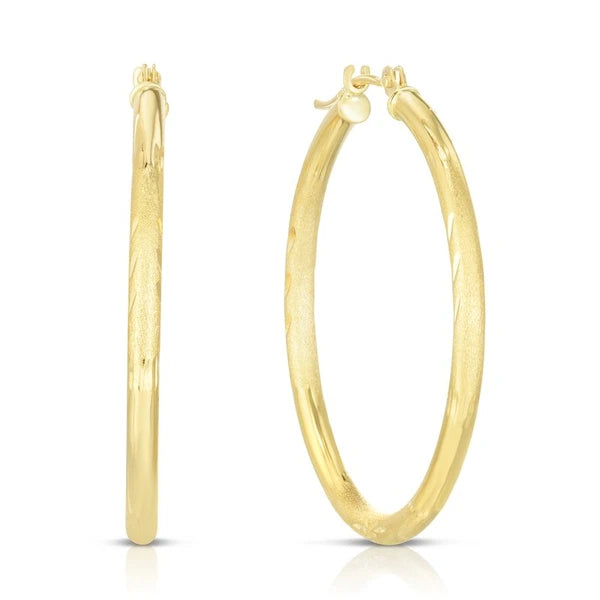 14K Yellow Gold 2x30mm Diamond Cut &amp; Polished Design Hoop Earring