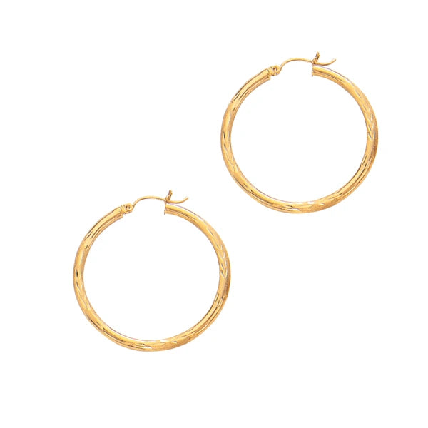 14K Yellow Gold 2x25mm Diamond Cut &amp; Polished Design Hoop Earring