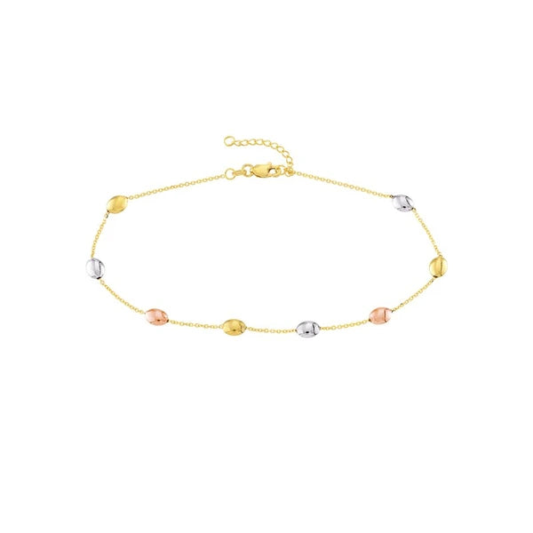 Tri-Color Satin and Polished Bead Adjustable Anklet