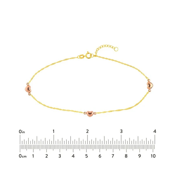 Two-Tone Rose Heart Trio Adjustable Anklet