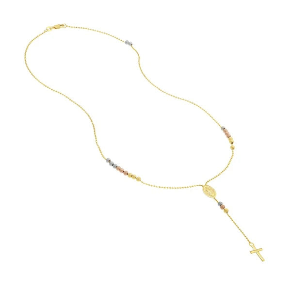 Tri-Color Mary and Cross Beaded Lariat Necklace