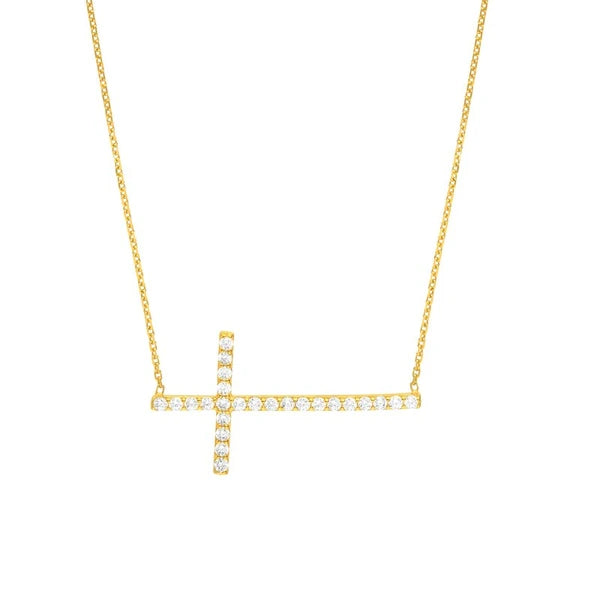 Plated Sterling Silver Long CZ Cross Necklace