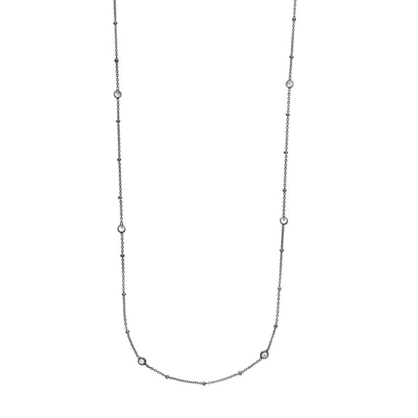 Sterling Silver Mini Bead and CZ Bezel Station Long Necklace