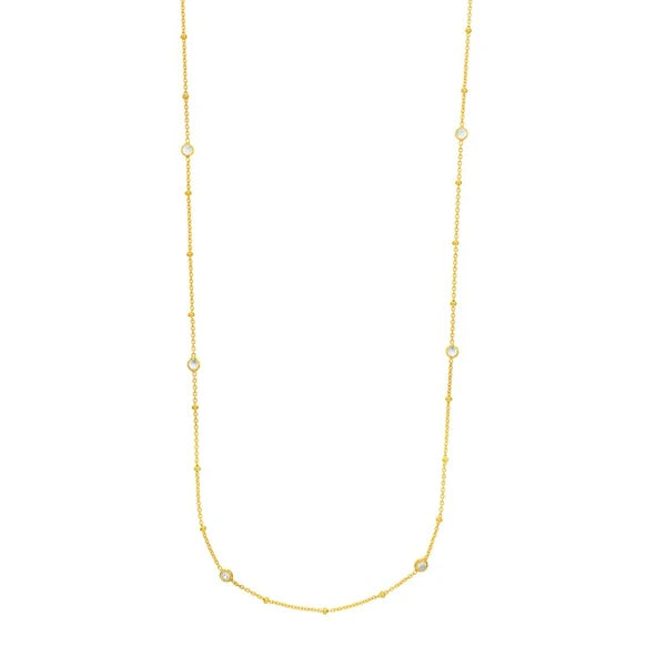 Sterling Silver Mini Bead and CZ Bezel Station Long Necklace