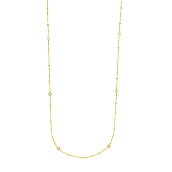 Sterling Silver Mini Bead and CZ Bezel Station Long Necklace