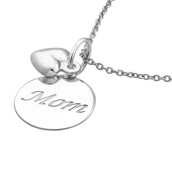 Sterling Silver Mom Disk- Heart Necklace