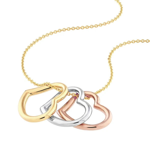 Tri-Color Triple Open Heart Pendant Necklace