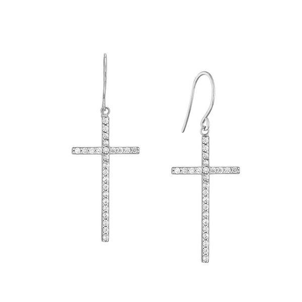 Plated Sterling Silver CZ Cross Dangle Earrings