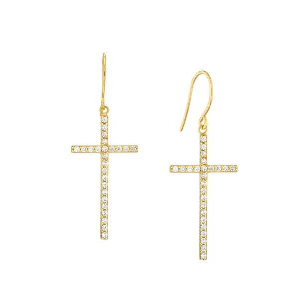 Plated Sterling Silver CZ Cross Dangle Earrings
