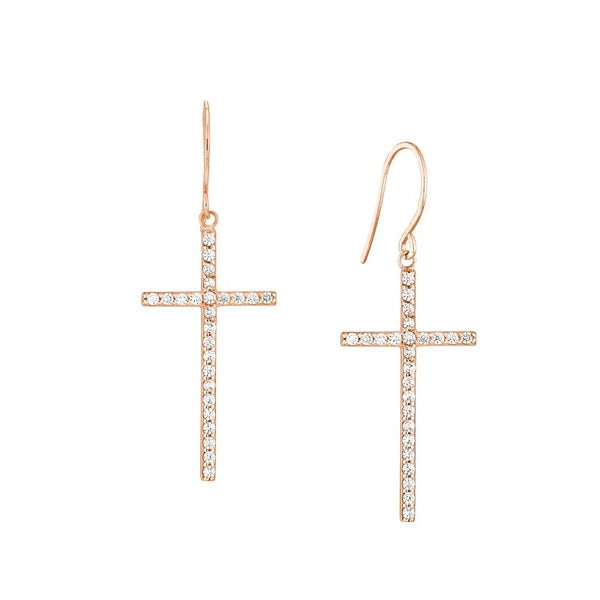 Plated Sterling Silver CZ Cross Dangle Earrings