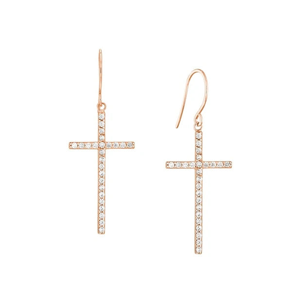 Plated Sterling Silver CZ Cross Dangle Earrings