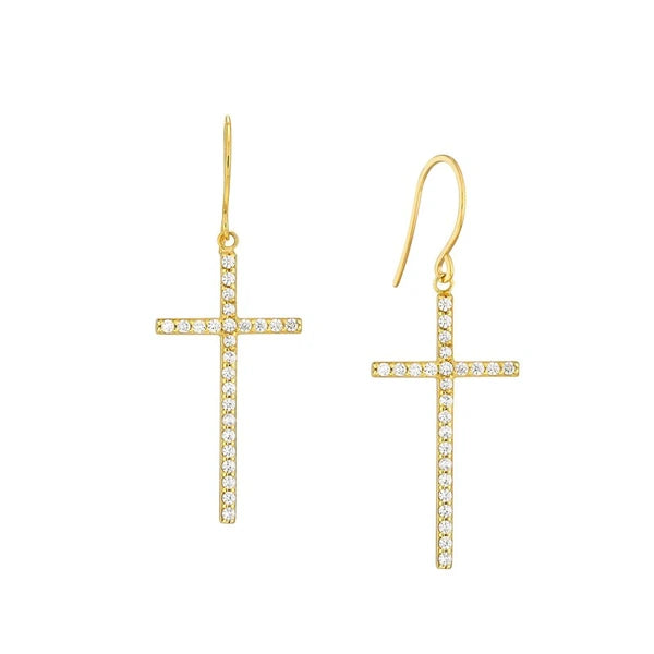 Plated Sterling Silver CZ Cross Dangle Earrings